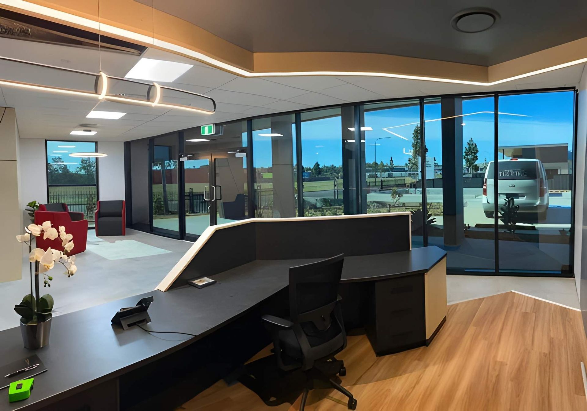 Modern Office Reception Area With Large Windows — Wide Bay Tinting in Kensington, QLD