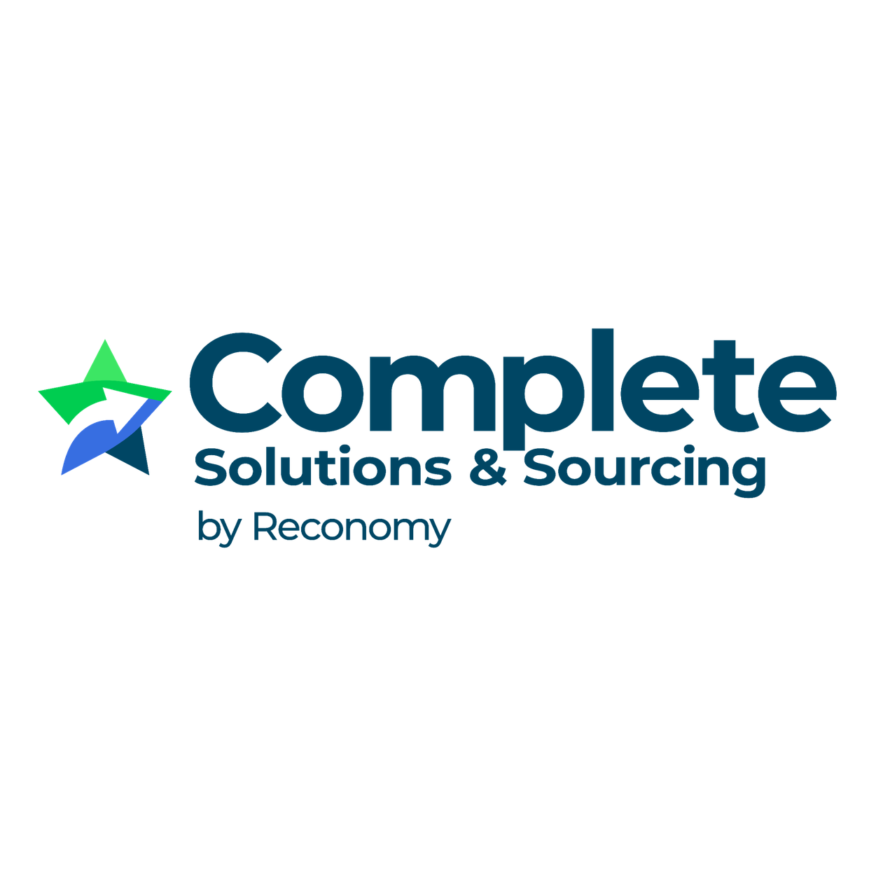 Logo for Complete Solutions & Sourcing by Reconomy; text with a star graphic using blue and green colors.