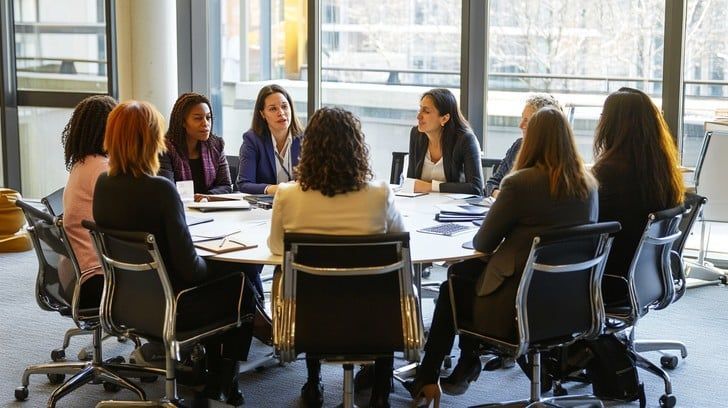 Group of women in business attire seated around a round table in an office, engaged in a discussion.