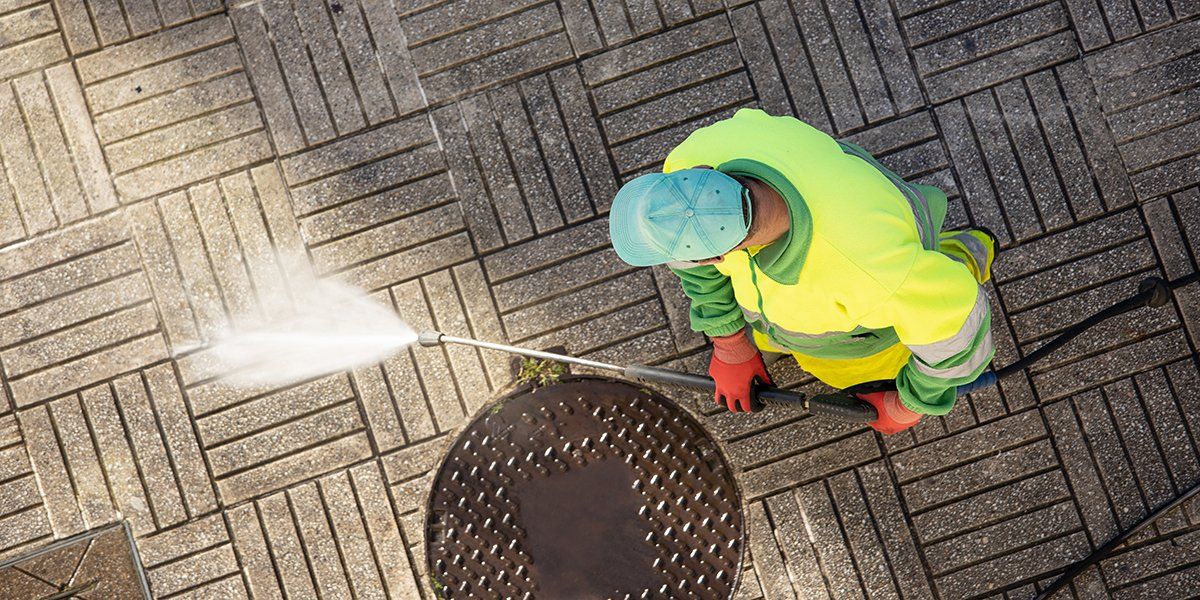 Person in reflective vest pressure washing a brick walkway near a manhole cover.