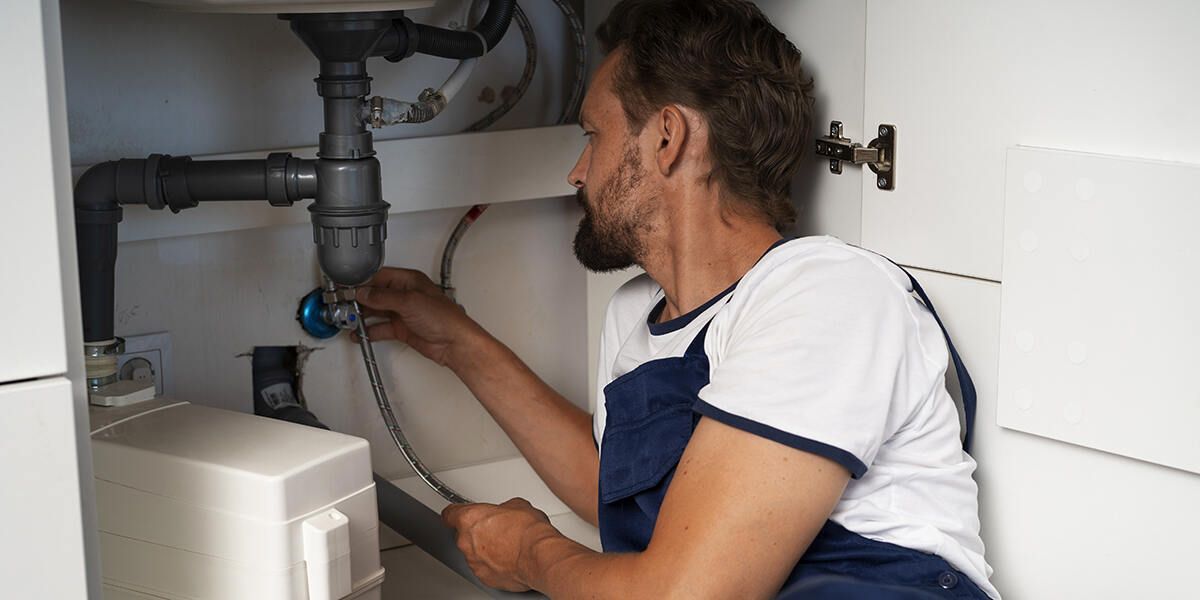 Man in a white shirt and blue apron works on plumbing under a sink.