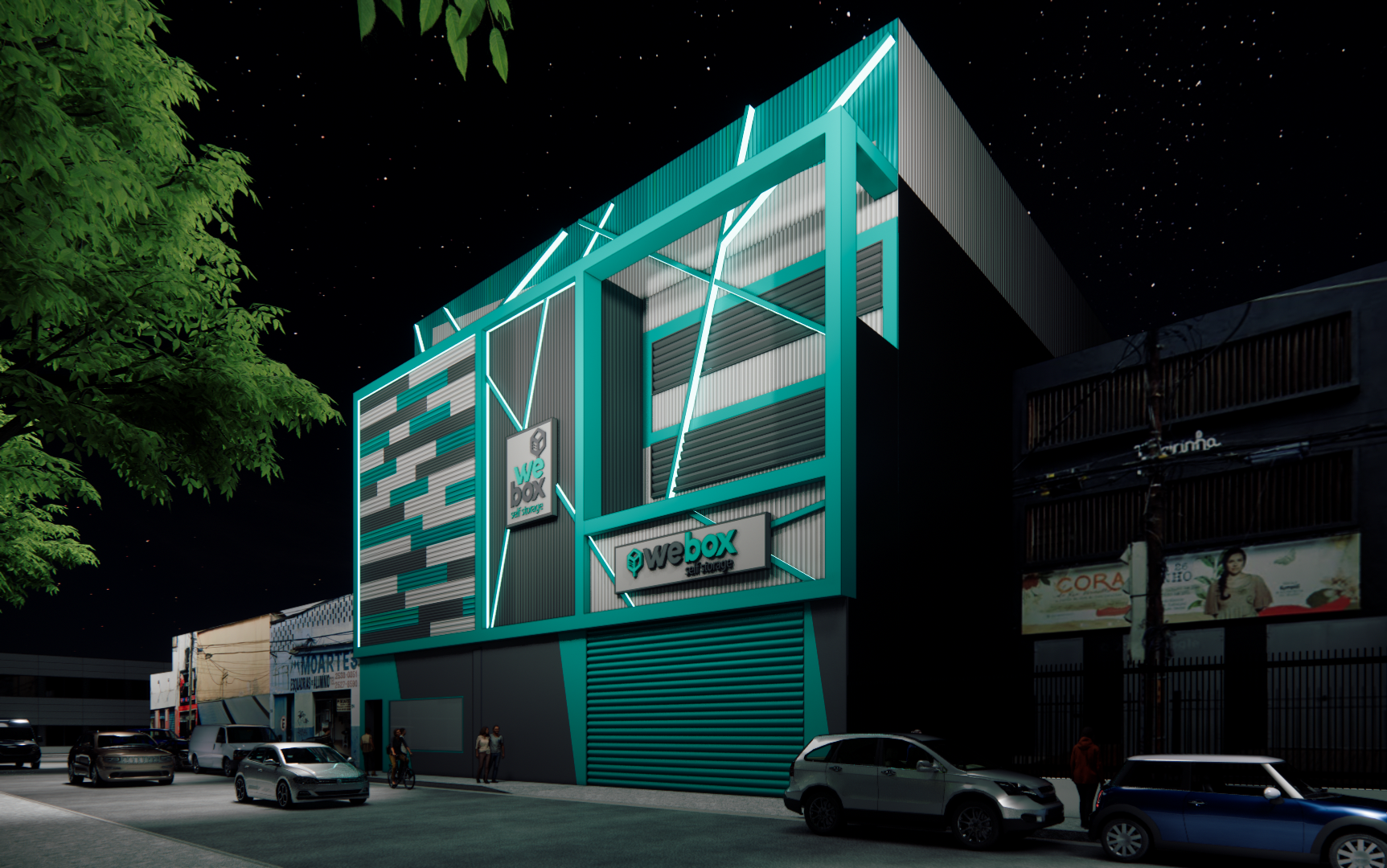 We Box Self Storage Uma representação de um prédio à noite com carros estacionados na frente dele