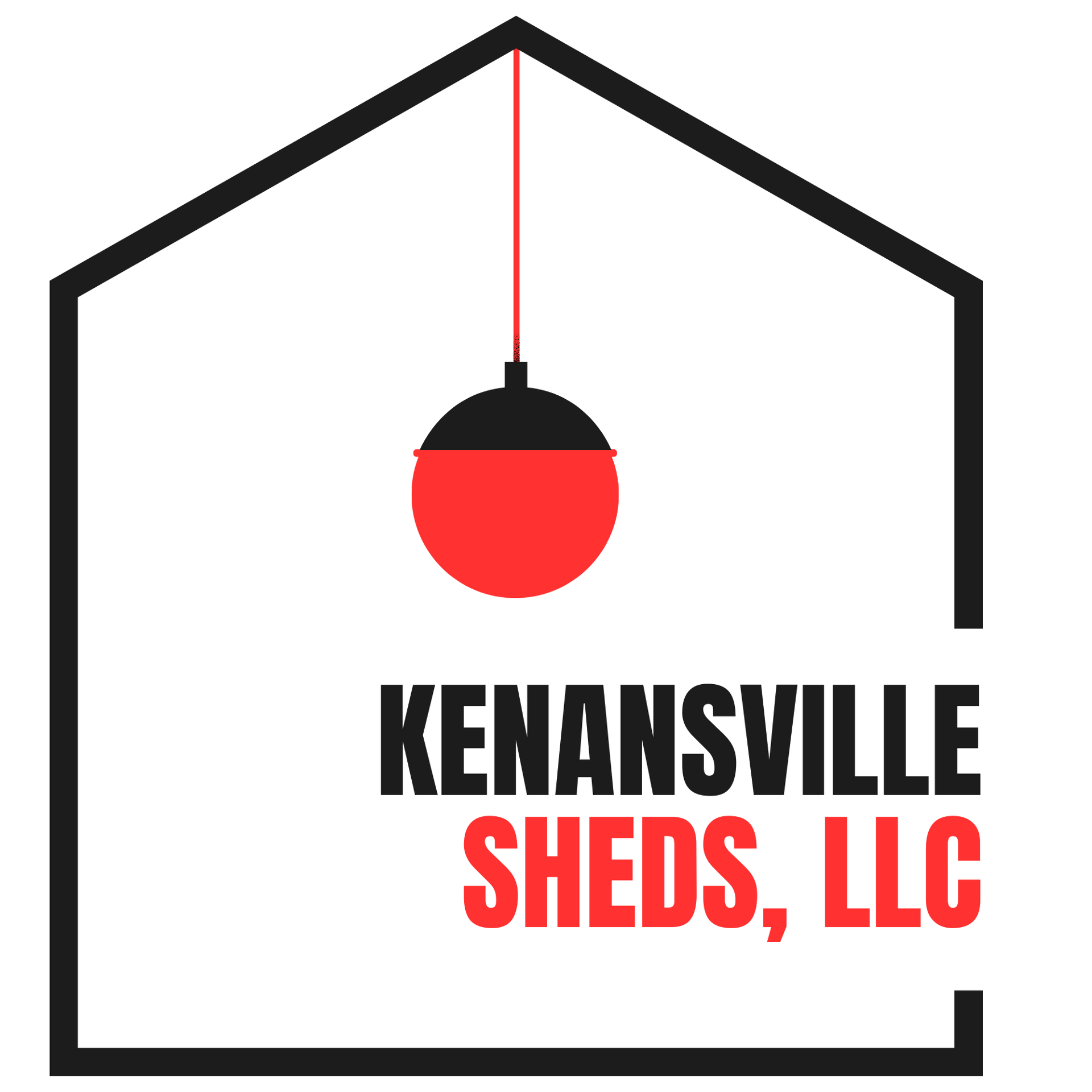 Logo for Kenansville Sheds, LLC, featuring a house outline, hanging red and black light, and company name.