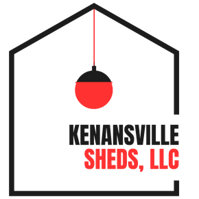 Logo for Kenansville Sheds, LLC: Black outline of a shed with a red lightbulb hanging inside; text below in black and red.