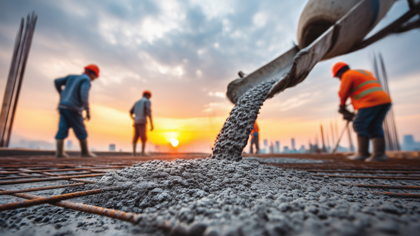 Construction workers pour wet concrete from a truck mixer onto a steel mesh foundation during a sunset.