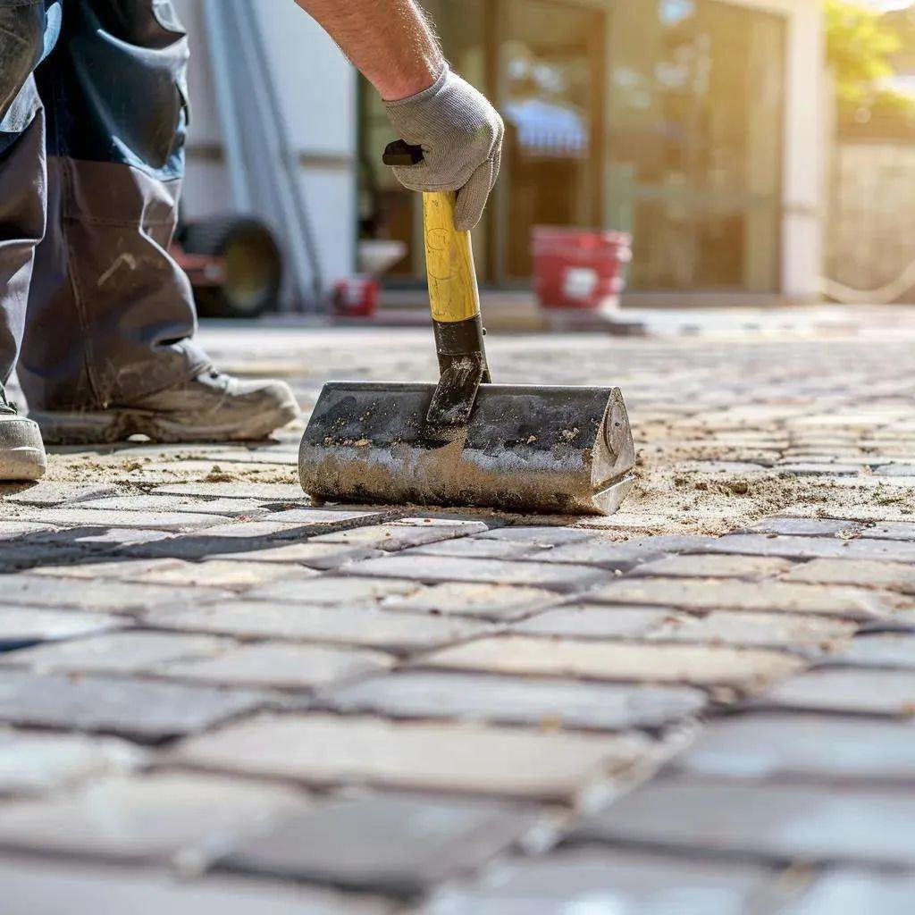 A person in work clothes uses a heavy manual tool to tamp down paving stones on a construction site.