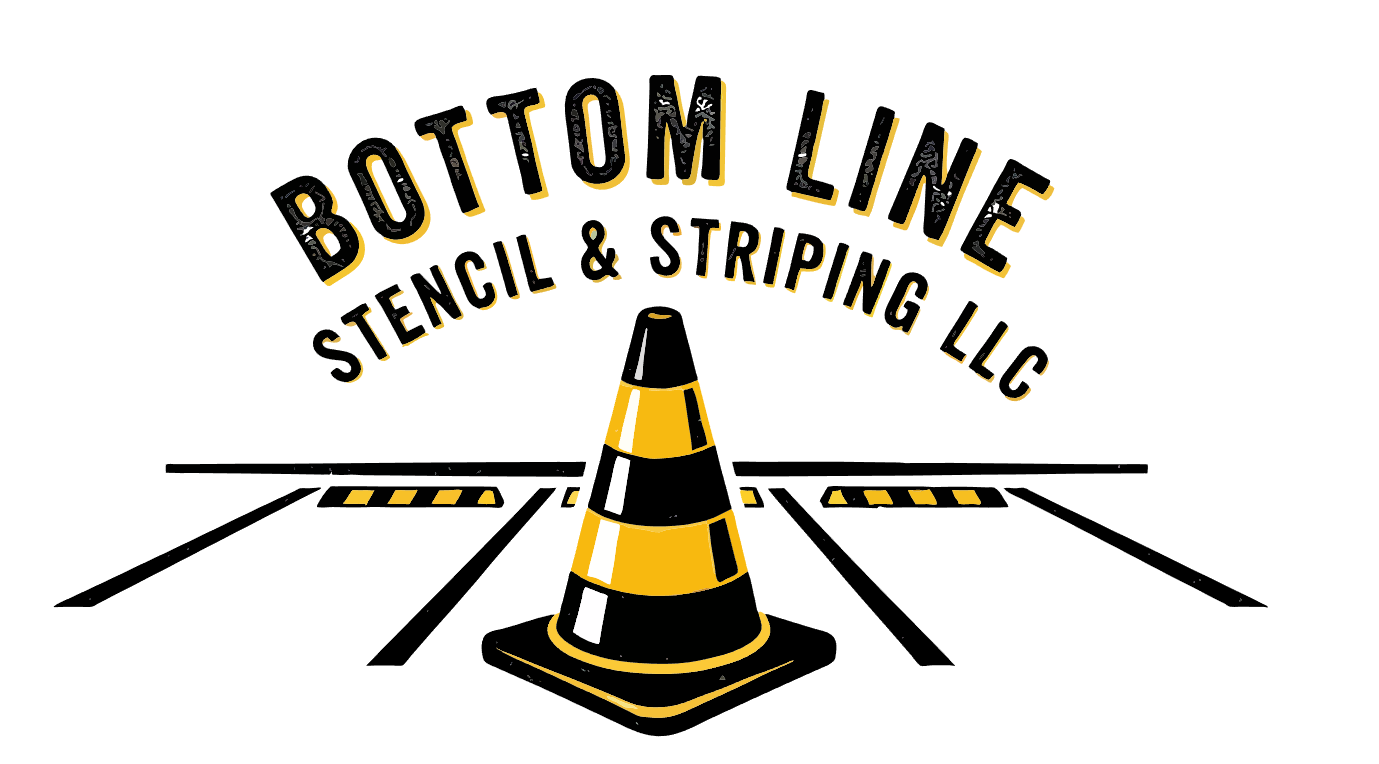 Logo for Bottom Line Stencil & Striping LLC featuring a stylized road in the shape of an 