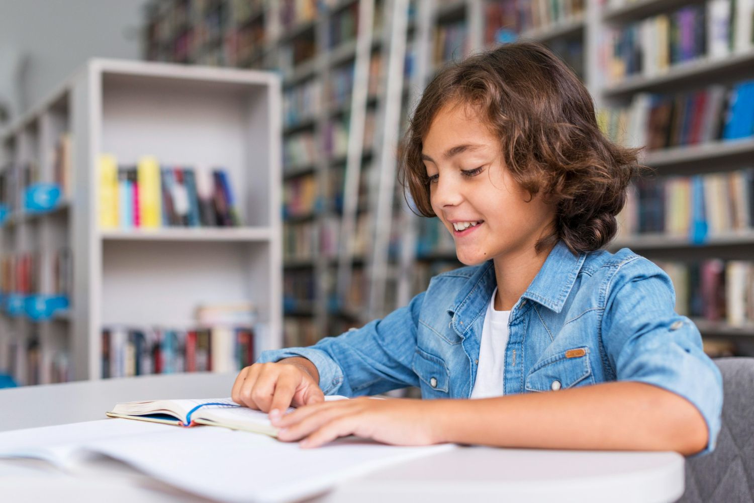 A young boy is sitting at a table in a library reading a book.
