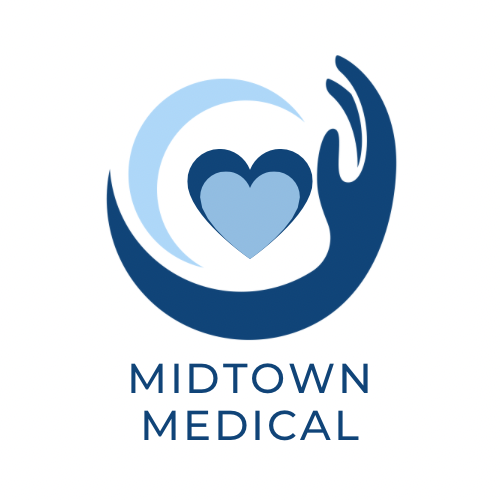 The logo for midtown medical shows a hand holding a heart in a circle.