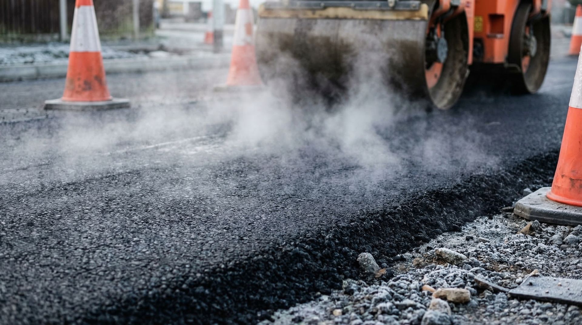 Professional commercial paving crew rolling out durable new asphalt on a road. Professional commercial paving crew rolling out durable new asphalt on a road.