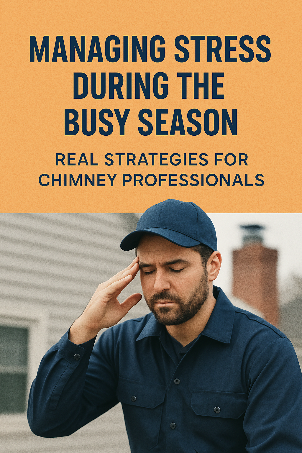 Chimney professional holding his temple under bold text: Managing Stress During the Busy Season
