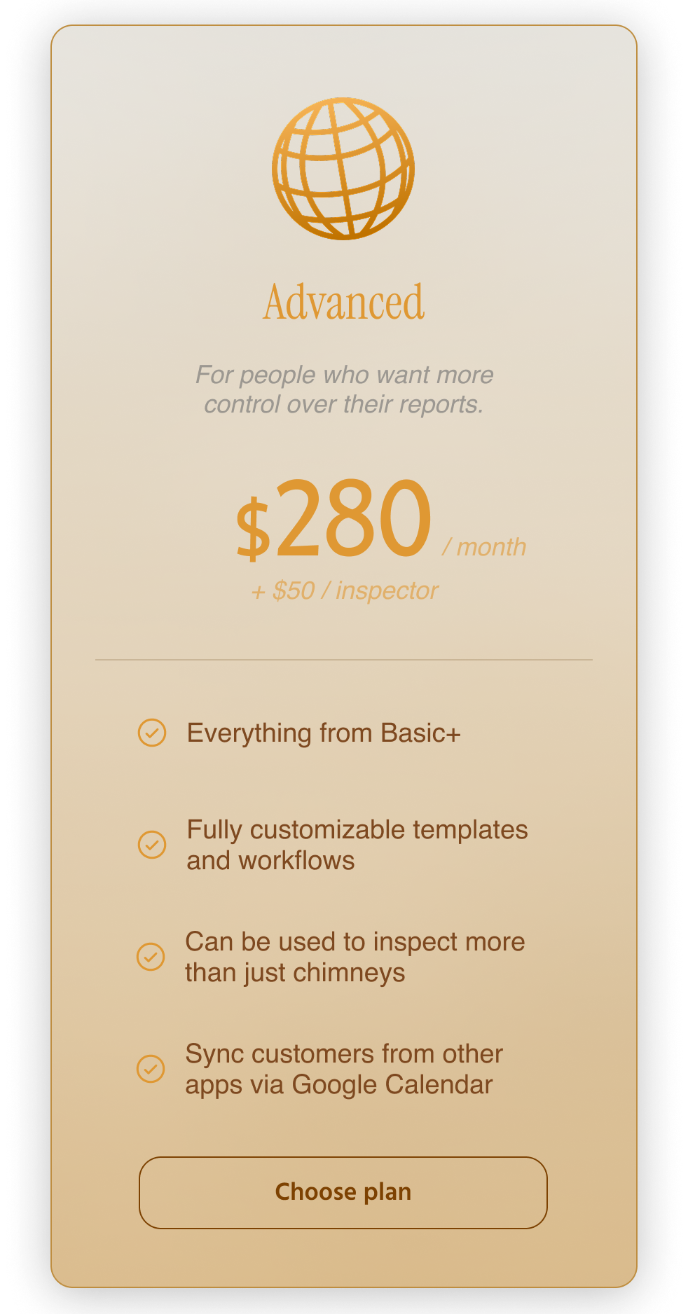 Advanced subscription plan with a globe icon, price $280/month, and features listed. Advanced subscription plan with a globe icon, price $280/month, and features listed.