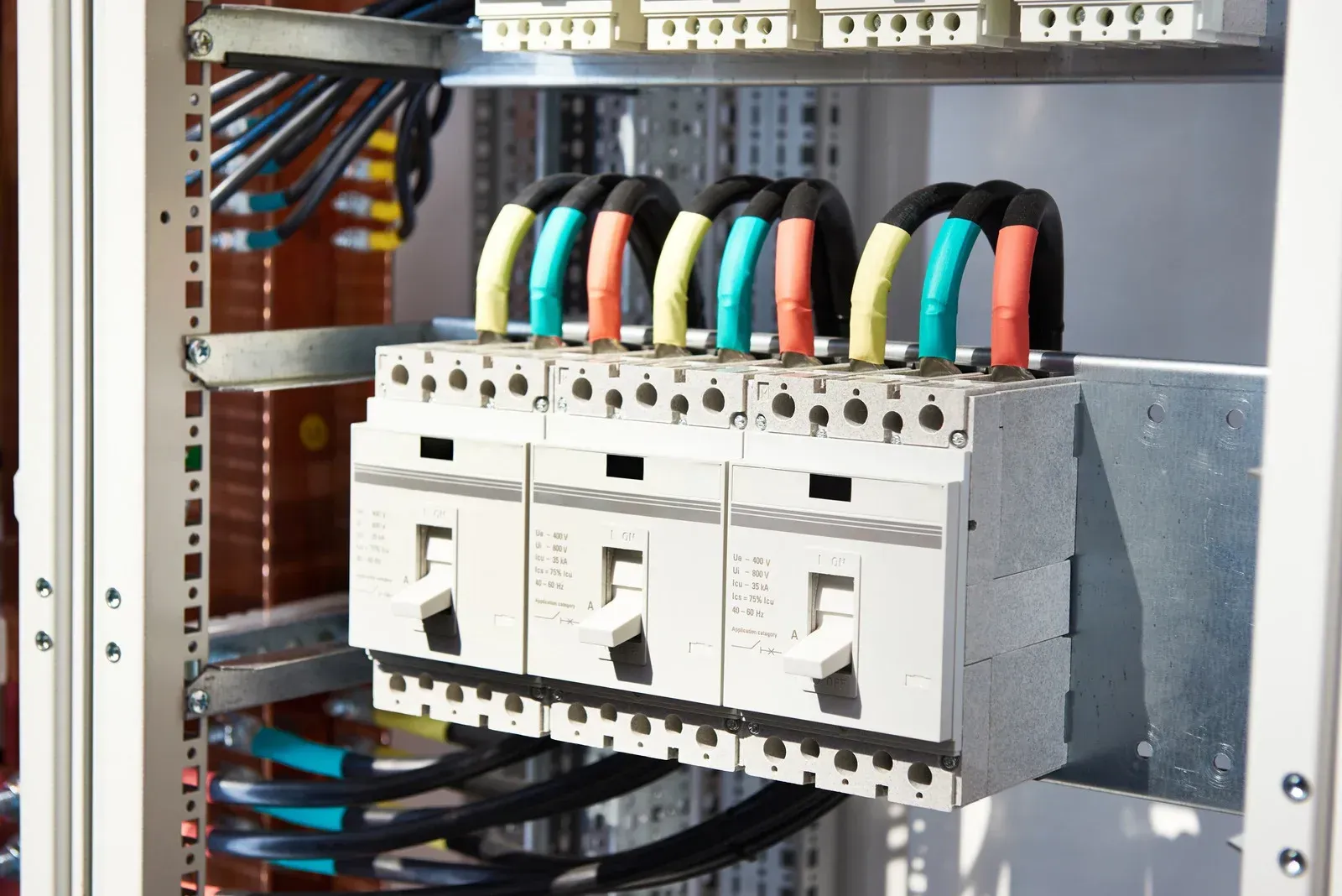 A bunch of wires are connected to a electrical box.
