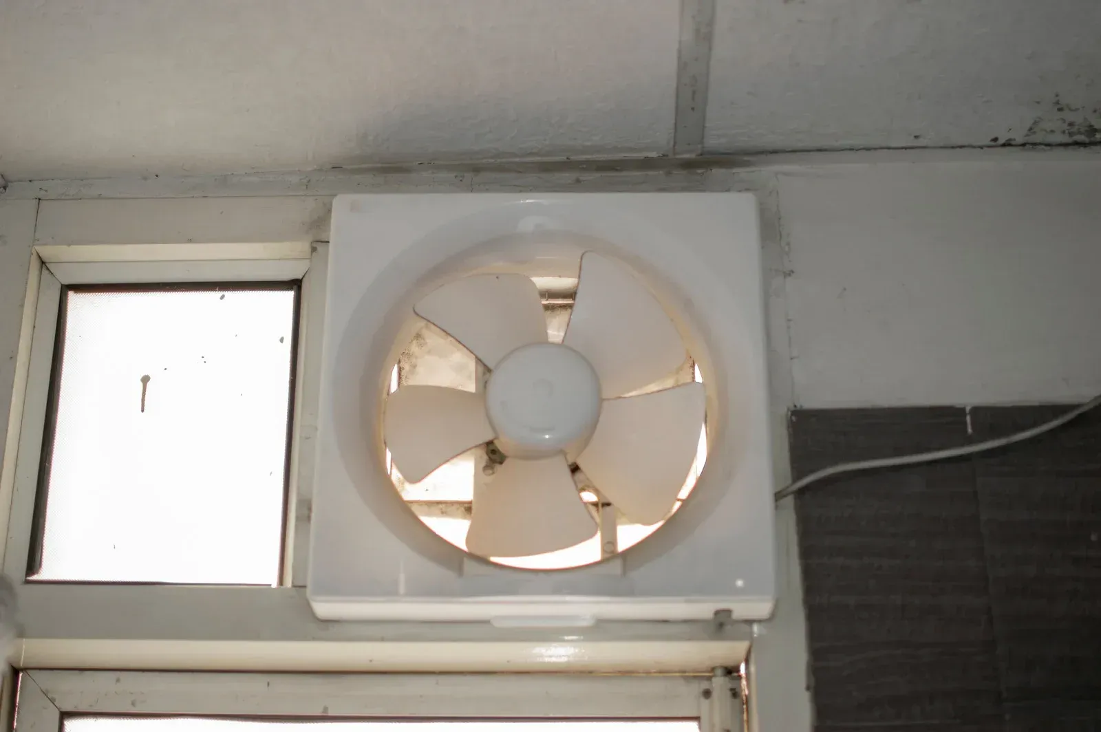 A white fan is hanging from the ceiling next to a window