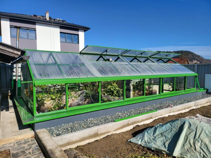 Gewächshaus mit transparenten Paneelen und grünem Rahmen neben einem Haus unter blauem Himmel.
