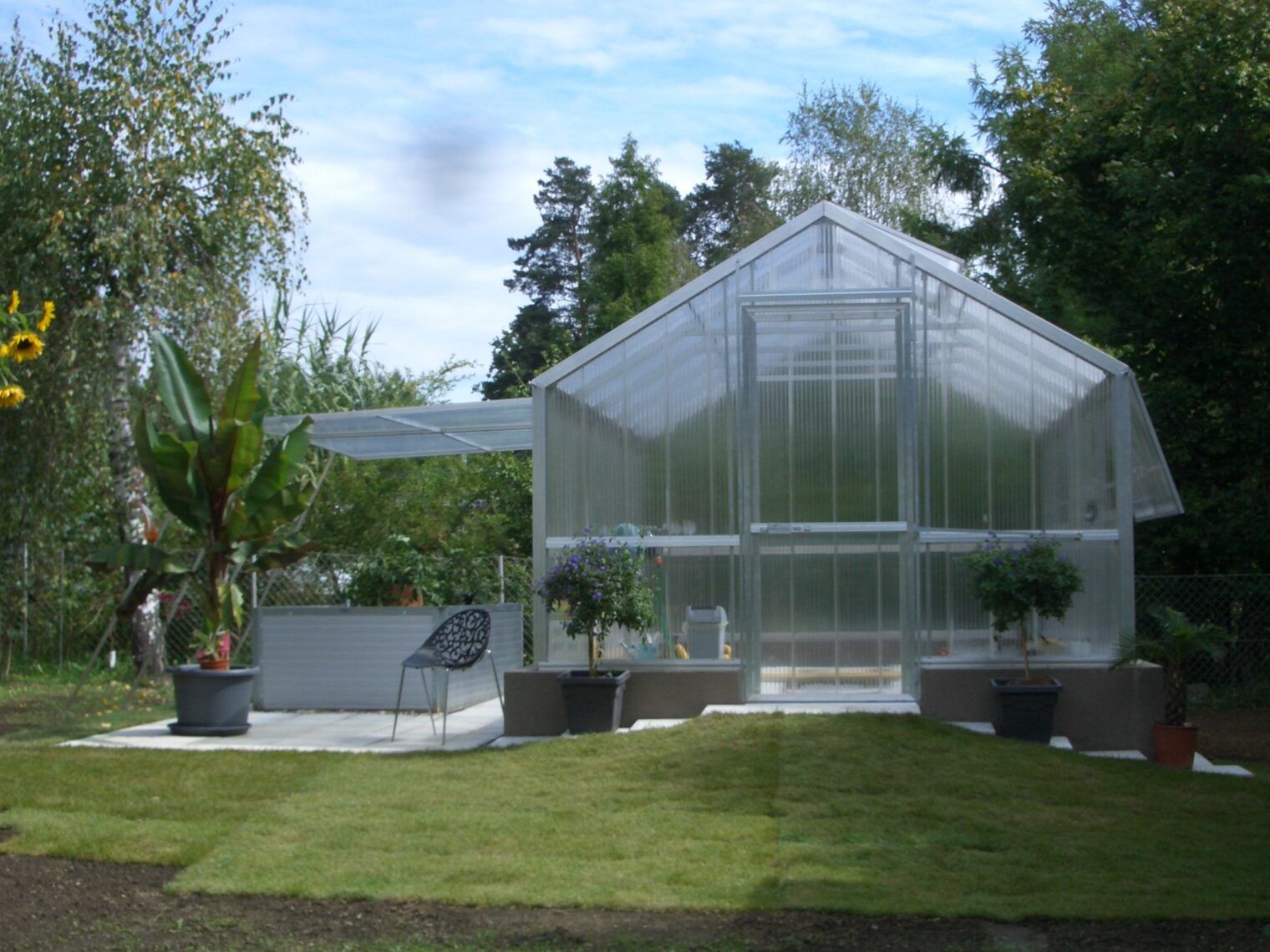 Gewächshaus mit durchsichtigen Kunststoffwänden auf einer Betonplatte, davor Rasen. Bäume im Hintergrund.