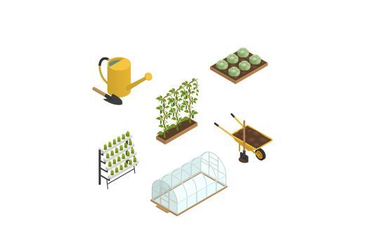 Isometrische Ansicht von Gartengeräten: Gießkanne, Pflanzkelle, Hochbeete, Schubkarre, Gewächshaus und vertikaler Garten.