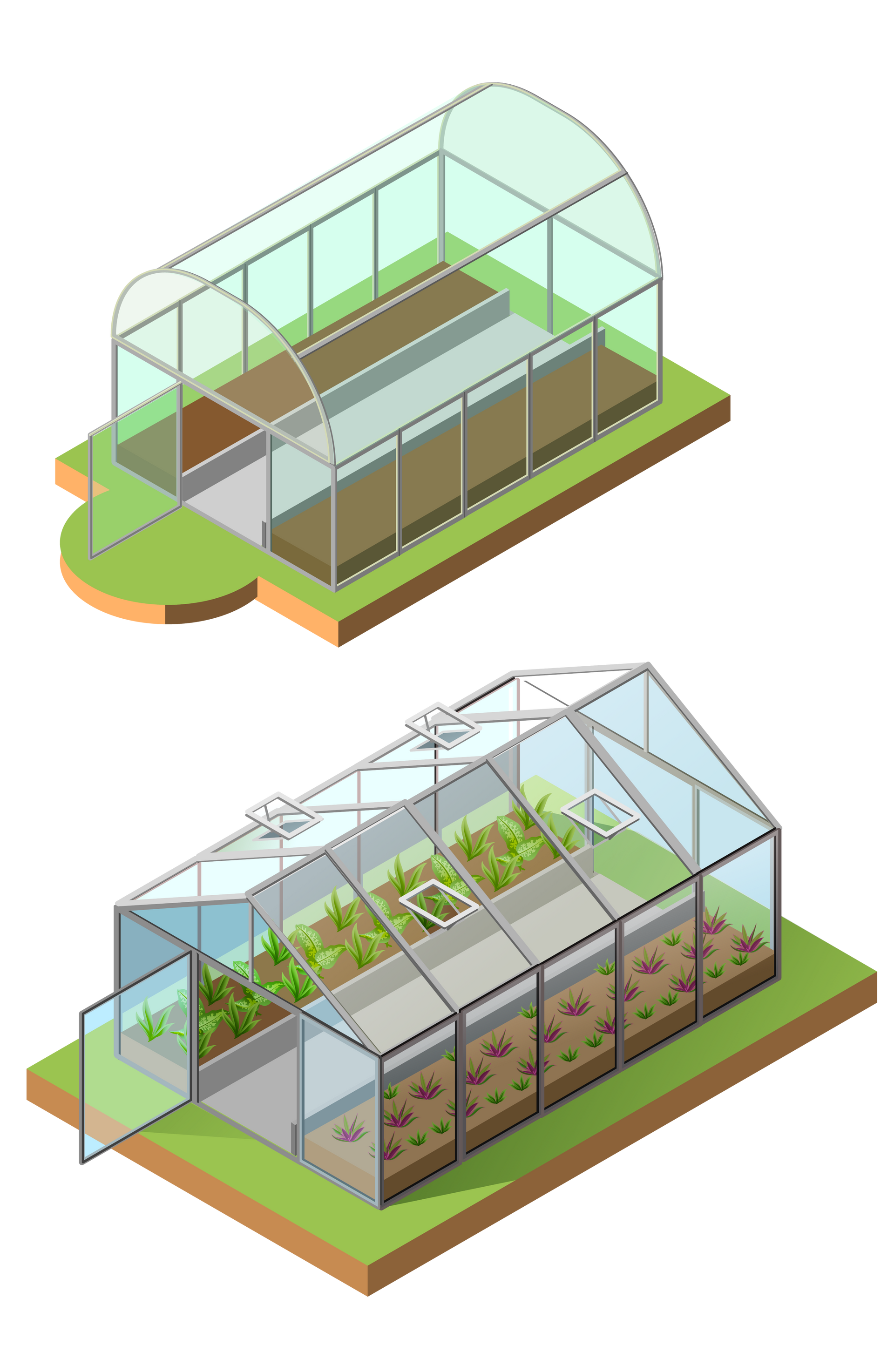 Zwei isometrische Gewächshäuser, eines leer, das andere mit Pflanzen.