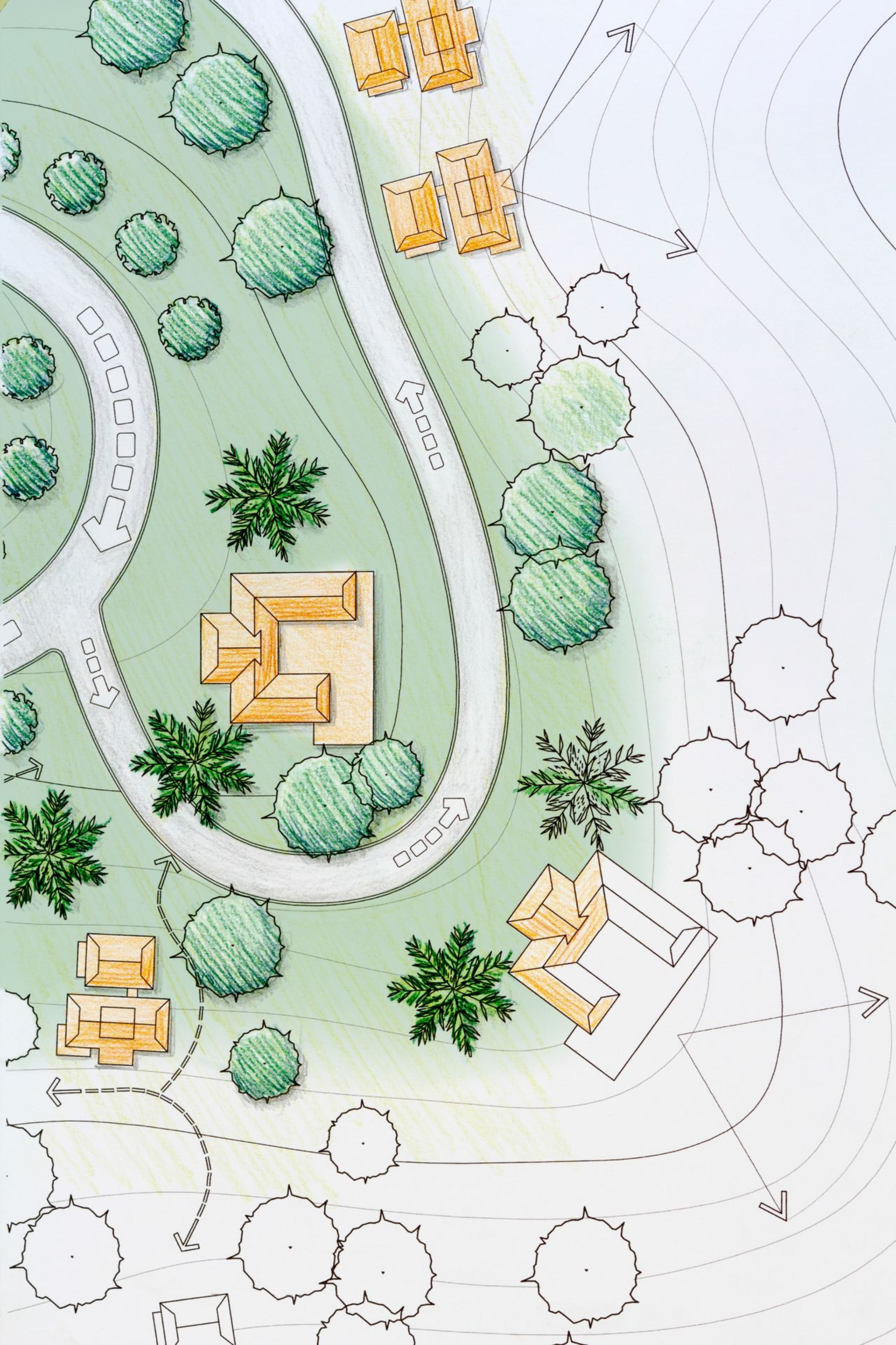 Landschaftsplan mit grünen Bäumen, Wegen und Gebäudeumrissen; Draufsicht.