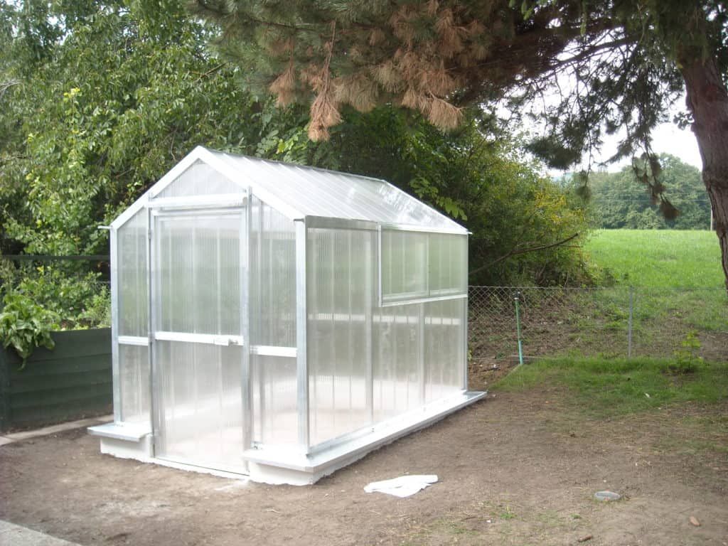 Kleines, durchsichtiges Gewächshaus mit Metallrahmen auf einem Erdboden, im Hintergrund Bäume.