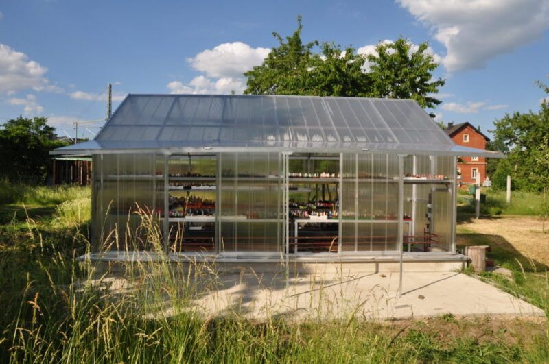 Gewächshaus mit transparenten Wänden und Dach, auf einem Betonsockel, in einer Wiese an einem sonnigen Tag.
