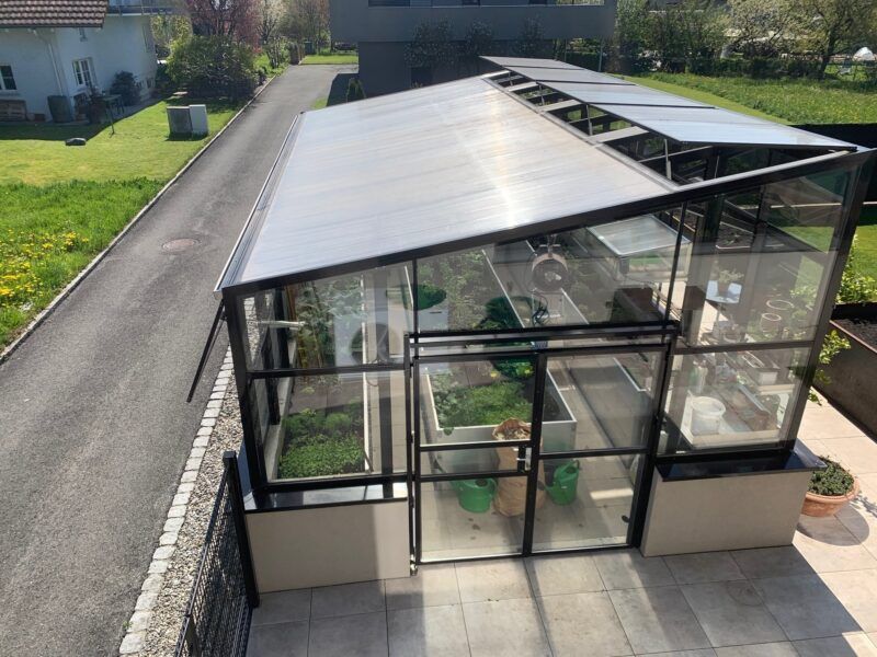 Gewächshaus mit Glas- und Polycarbonatplatten auf einer Terrasse, mit Pflanzen im Inneren.