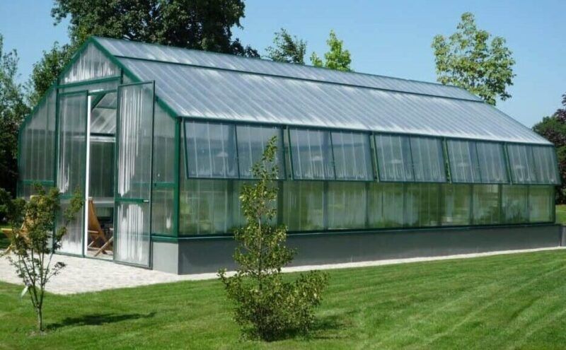 Gewächshaus mit Glasdach und -wänden auf einer grünen Rasenfläche mit einem Baum im Vordergrund.