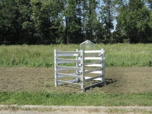 Weiße Holzzaunkonstruktion auf einer Wiese mit Bäumen im Hintergrund.