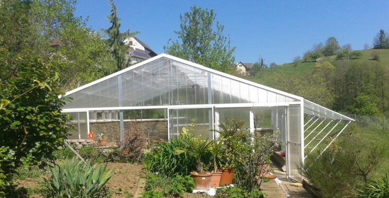 Gewächshaus am Hang, transparente Paneele, weißes Gestell, Pflanzen im Inneren, sonniger Tag.