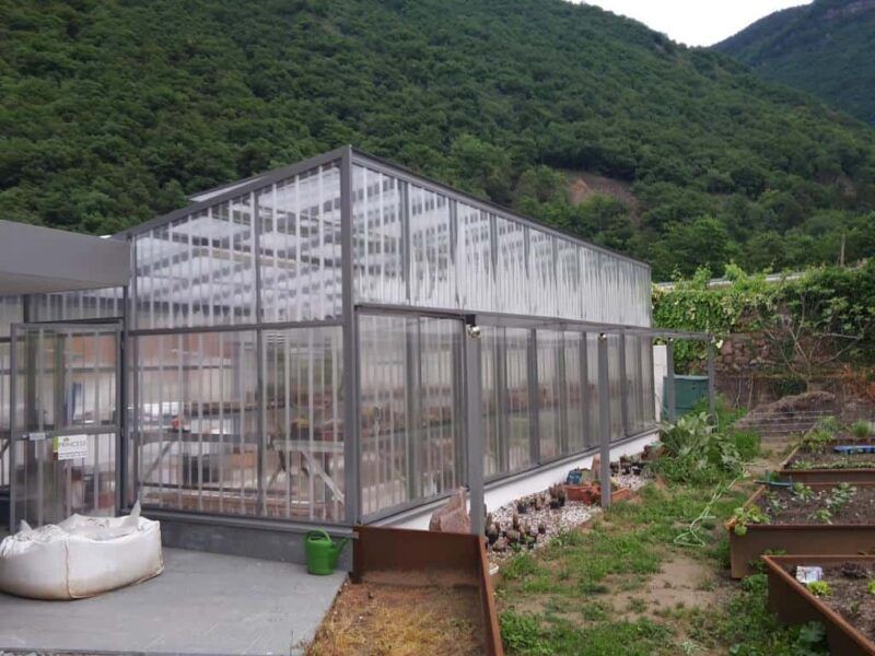 Gewächshaus mit Metallrahmen vor dem Hintergrund eines bewaldeten Hügels, im Vordergrund Gartenbeete.