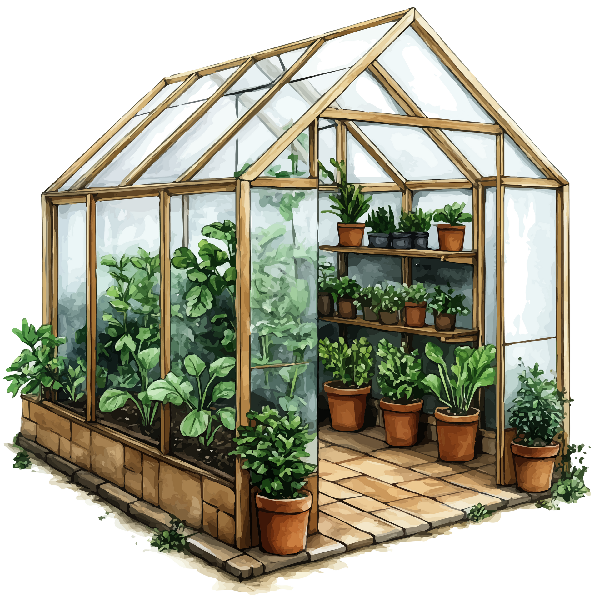 Gewächshaus mit Pflanzen in Töpfen und Beeten; Holzrahmen und Glasscheiben.