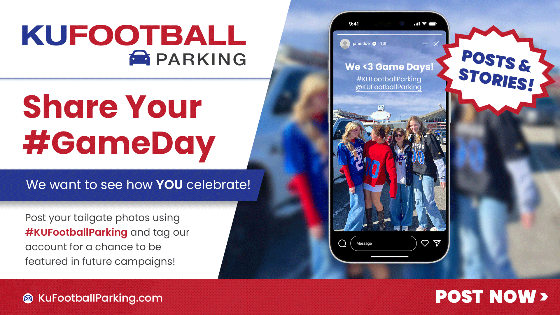 Promotional image: KU Football parking, share your GameDay photos, using #KUFootballParking. Instagram story screenshot.