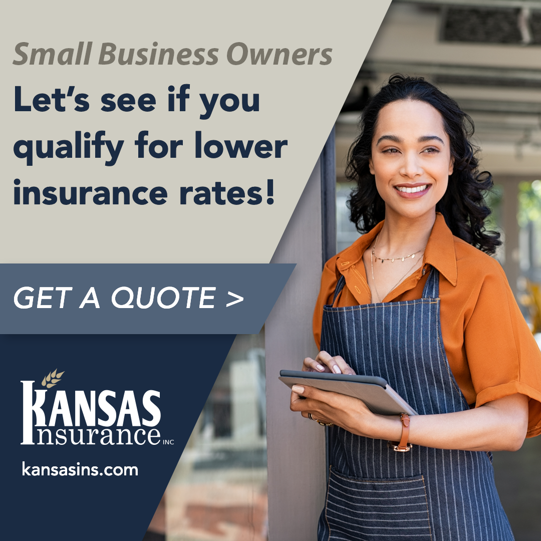 Advertisement for Kansas Insurance: smiling business owner, in apron, holding tablet, with text: