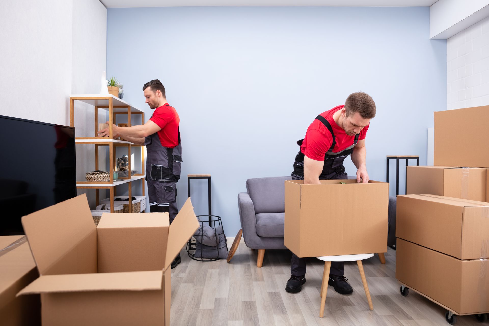 Two Men Are Moving Boxes In A Living Room — Aiken, NC — Aiken Junkmaster