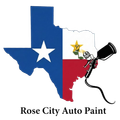 Texas map logo with paint sprayer; blue, white, red, yellow. "Rose City Auto Paint" below.