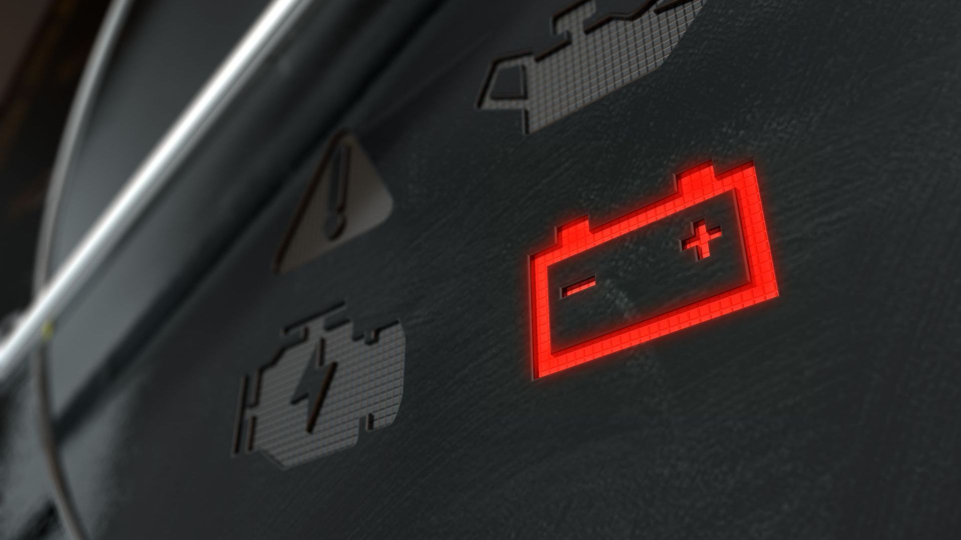 Red lit up battery symbol on a vehicle dashboard