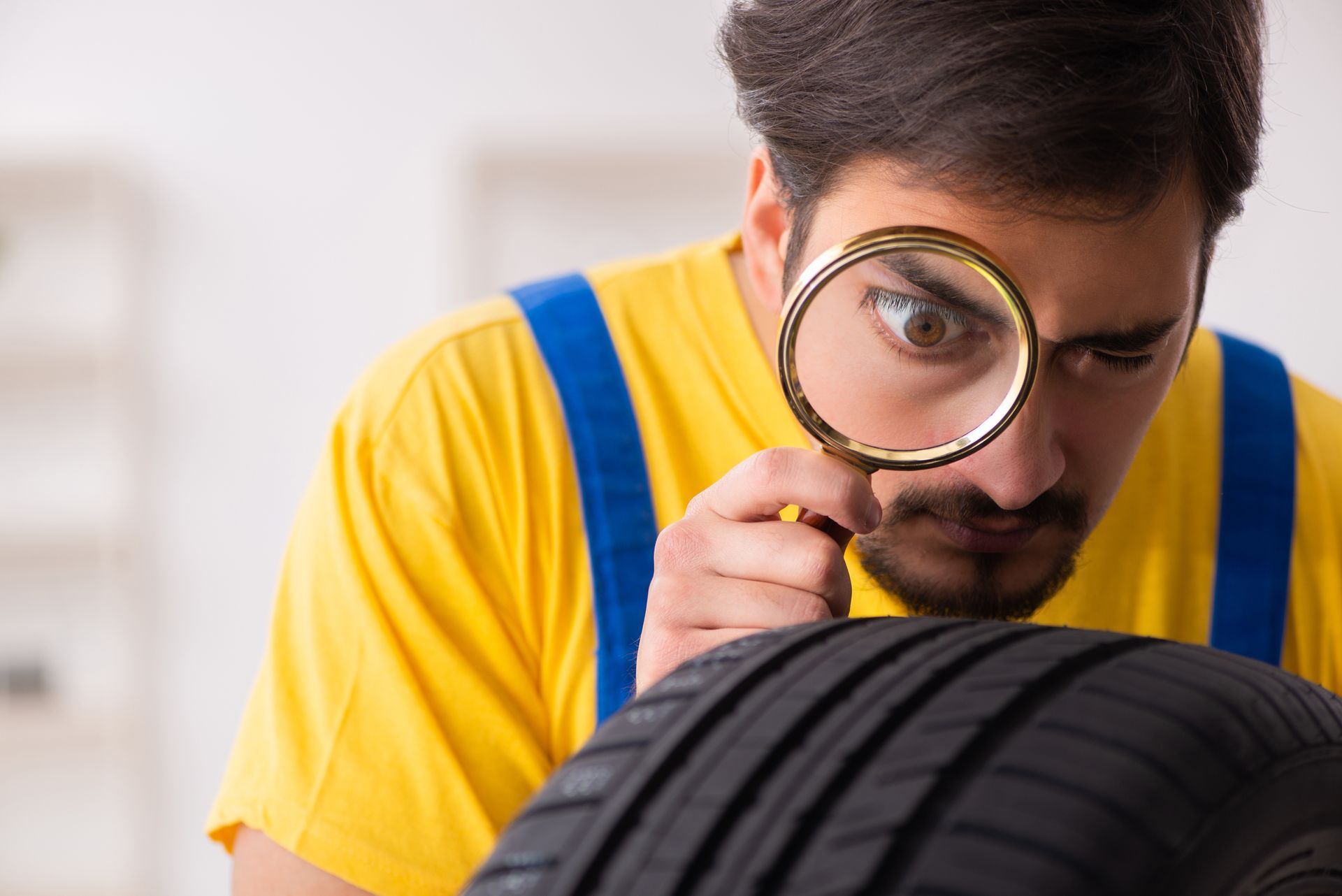 Man wearing yellow shirt and blue overalls is checking a car tyre with a magnifying glass.