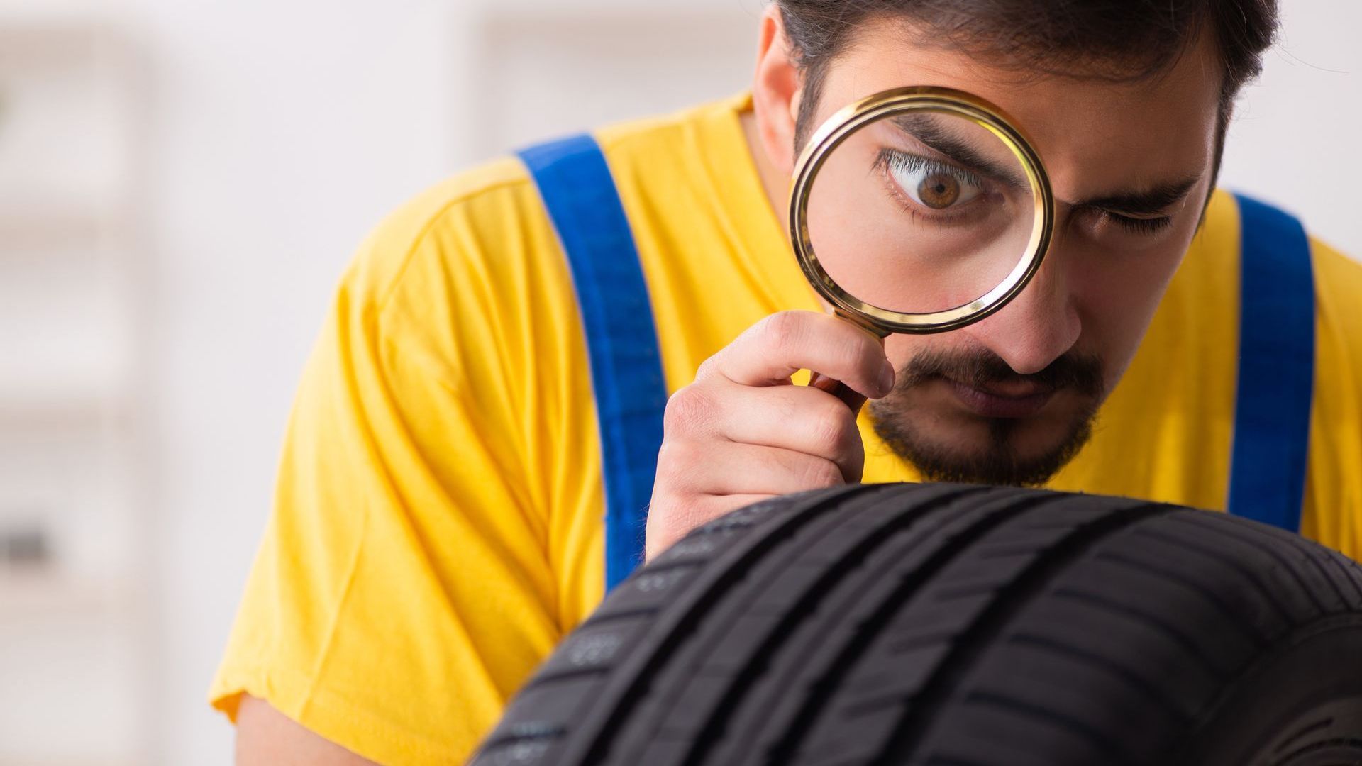 Man wearing yellow t-shirt and blue overalls checking tyres through a looking glass. His eye is enlarged in a comical fashion.