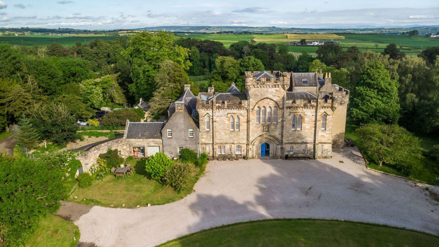 Overhead drone shot of Craufurdland Castle in East Ayrshire