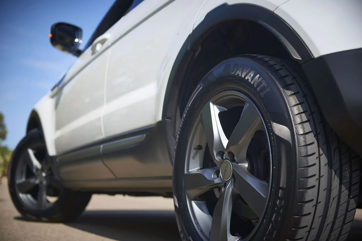 Close up of a Davanti tire on a white car.