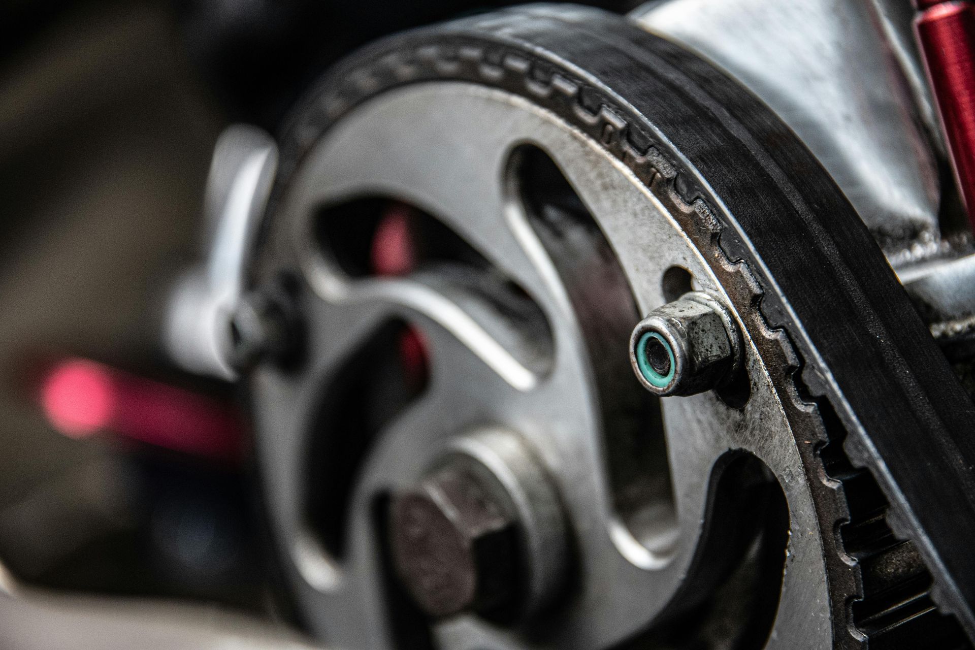 Close up of a timing belt on a car