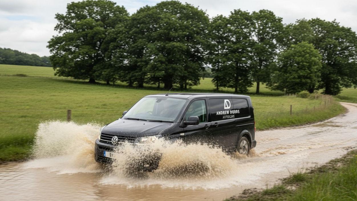 A black van with Andrew Dodds Autocare logo  drives safely in wet weather