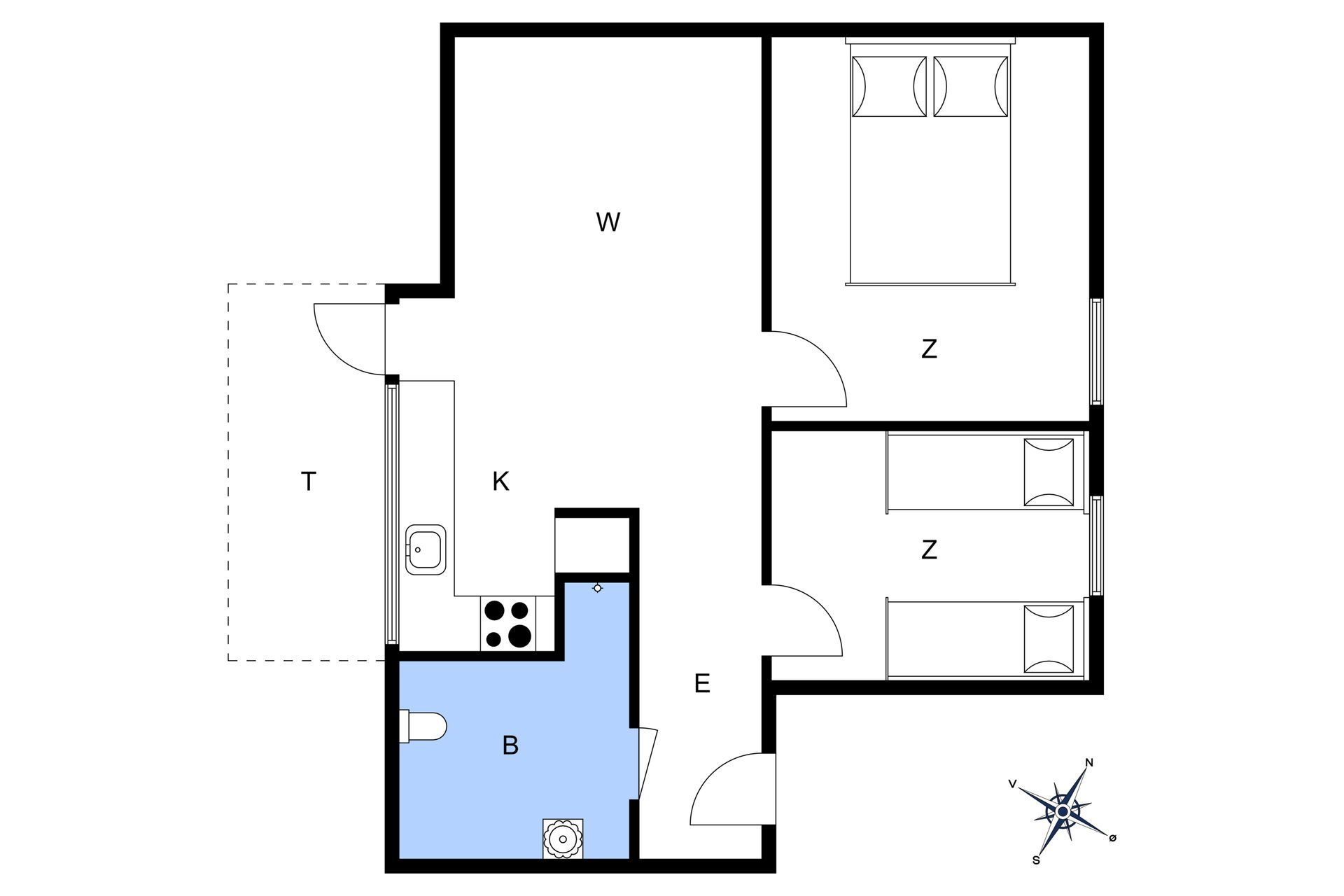 Plantegning af en lejlighed, værelser markeret, køkkenområdet er skygget blåt.