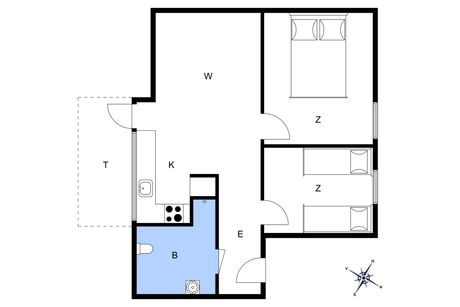 Plantegning af en lejlighed, værelser markeret, køkkenområdet er skygget blåt.