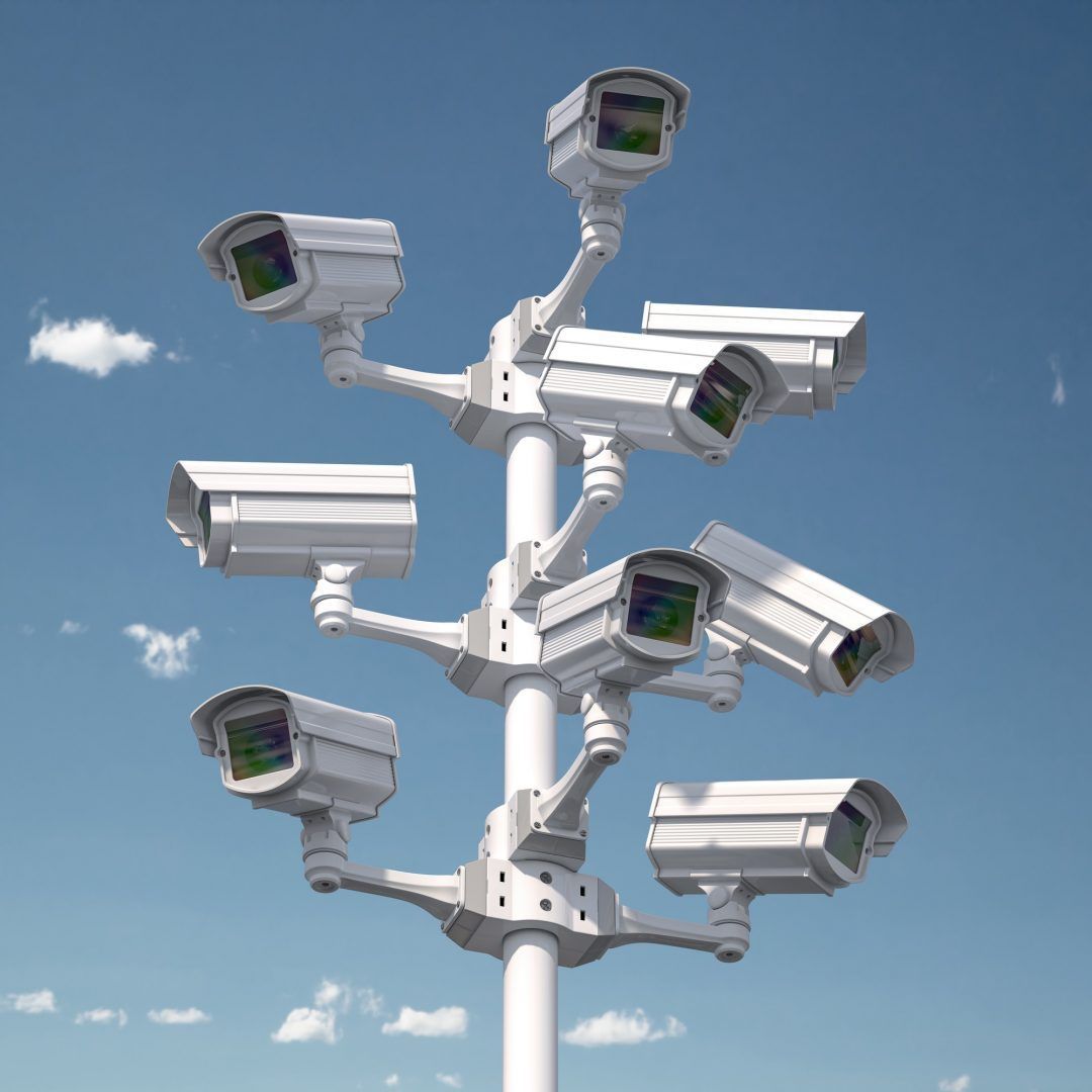 A bunch of security cameras on a pole against a blue sky