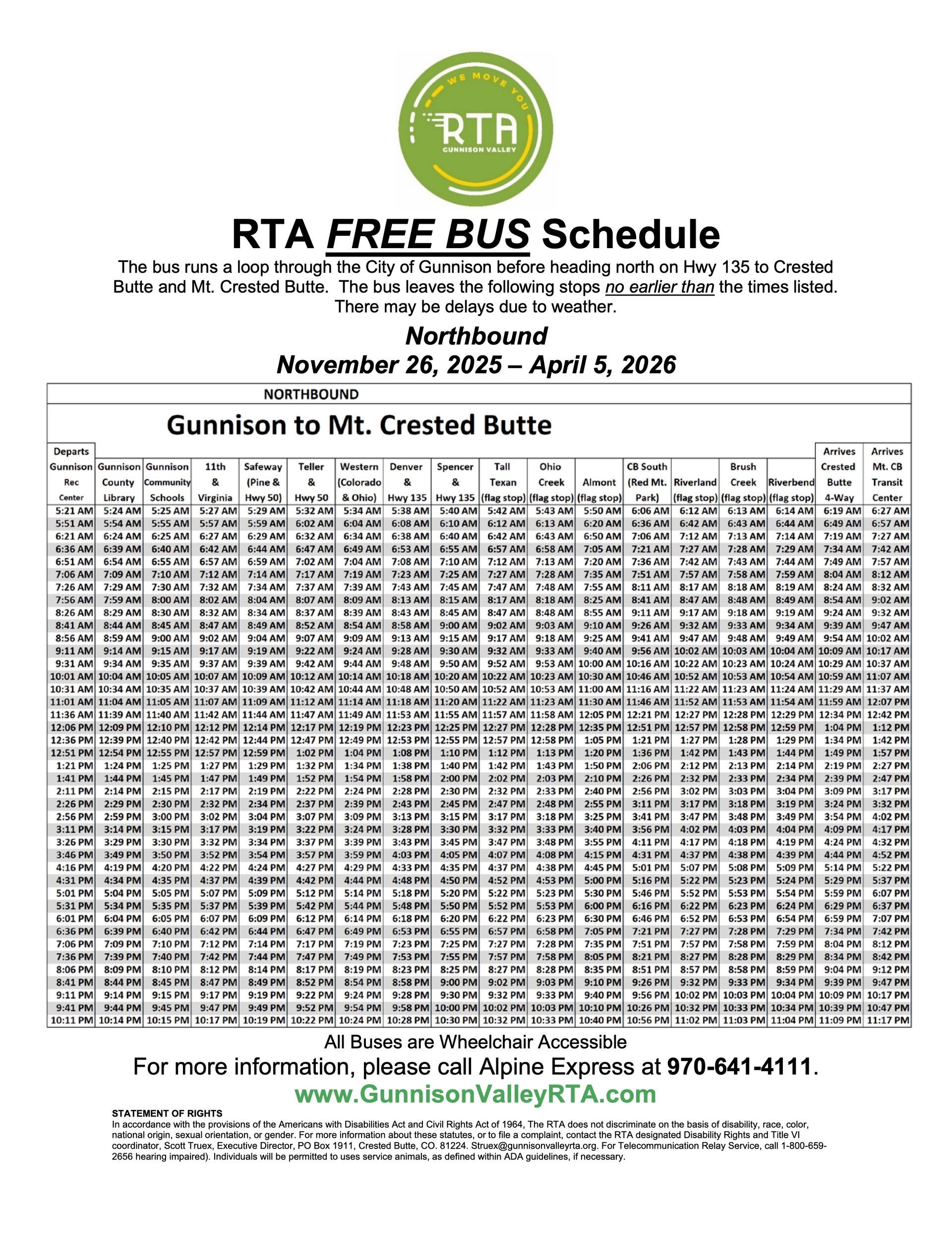 Table showing train schedule from Gunnison to Mt. Crested Butte, with departure times listed for various months.