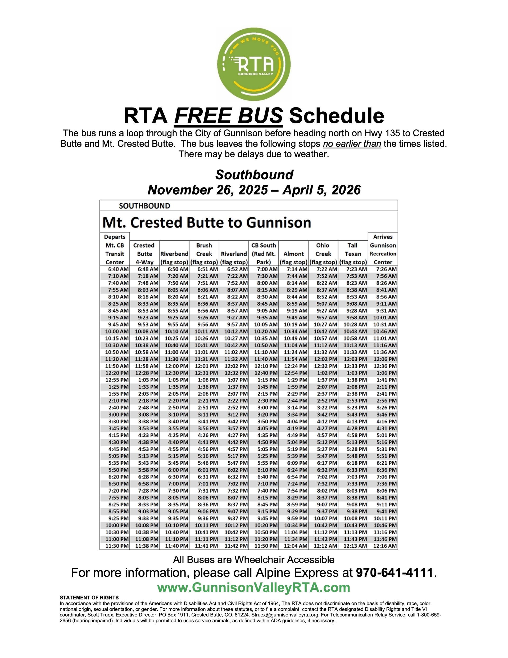 Timetable for a southbound bus route from Mt. Crested Butte to Gunnison with stop times.