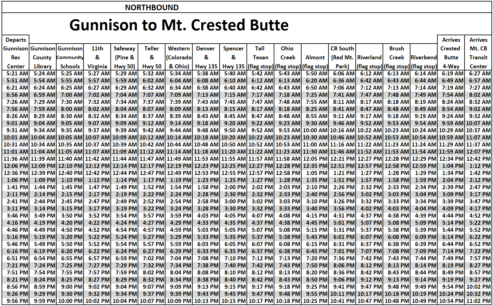 Table showing train schedule from Gunnison to Mt. Crested Butte, with departure times listed for various months.