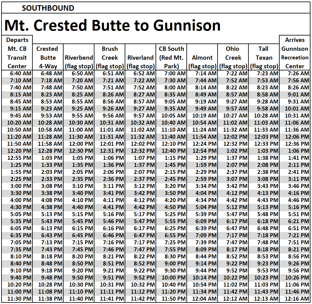 Timetable for a southbound bus route from Mt. Crested Butte to Gunnison with stop times.