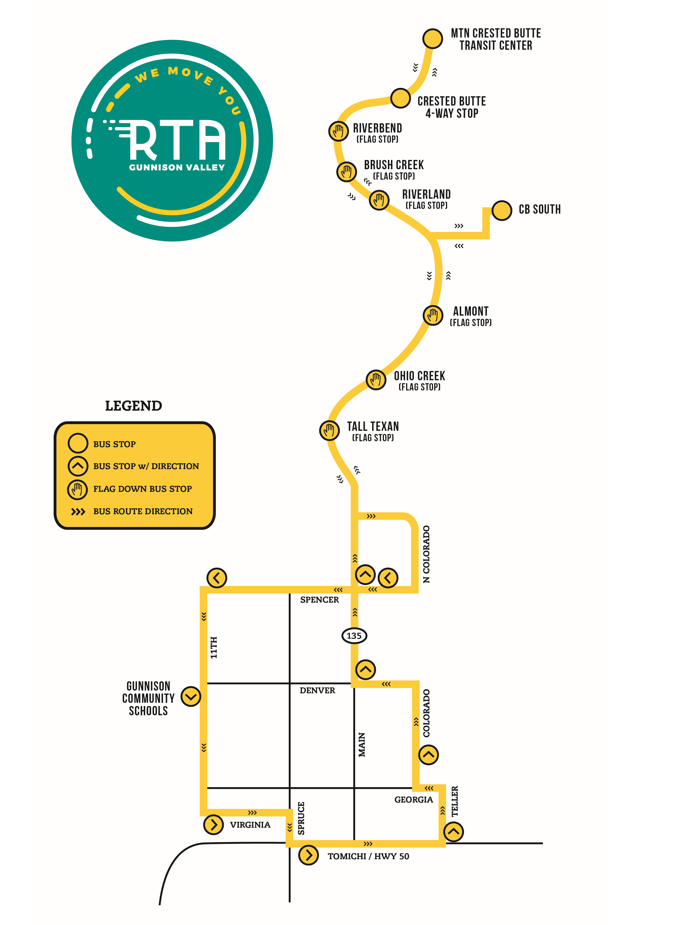 Map of a bus route with labeled stops, including a loop through a city and north to a transit center.